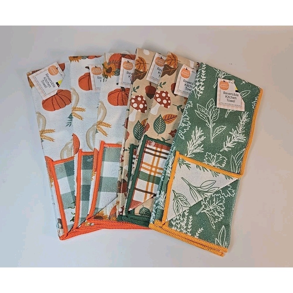 Reversible Kitchen Towel - Pumpkins/Green Plaid Acorns Fall Leaves Set Of 6